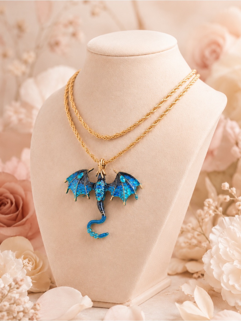 Gold Chain Necklace with Blue Dragon Pendant - Picture 3 of 5